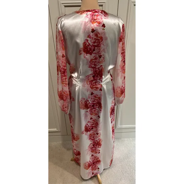 Oscar De La Renta Pink Label Floral Satin Robe Dressing Gown M Belted Romantic - Image 5
