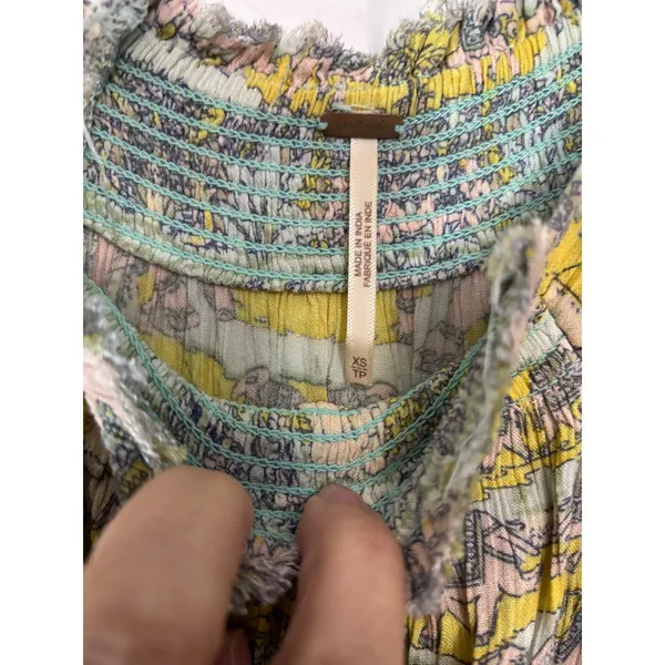 Free People Elephant Print Smocked Mini Dress Tunic Yellow Pink XS Boho Chic - Image 3