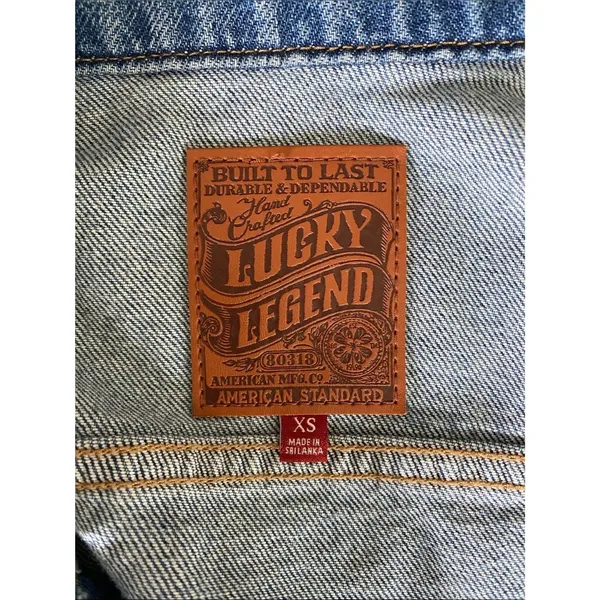 LUCKY BRAND Embroidered Sleeve Blue Denim Jacket Womens Sz XS Trucker - Image 7