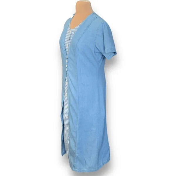 Vintage‎ 90s Chambray Gingham Plaid Midi Dress Button Front Cottagecore Medium Blue Size 10 - Image 6