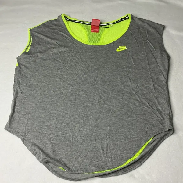 Nike‎ Womens Gray Neon Yellow Mesh Back Activewear Top Medium - Image 2