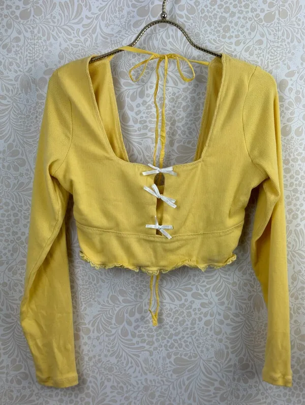 Free People Mellow Yellow Cropped Dancing Queen Bow Cutout Top - Size - Large - Image 5
