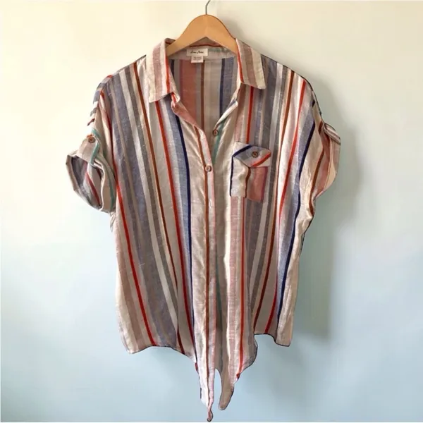 Love Notes Button Down Tie Up Shirt | Size L | Boho Cotton Rayon - Image 4