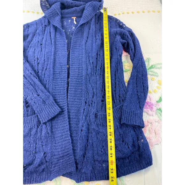 Free People Alpaca Blend Hooded‎ Cardigan Blue Pointelle Knit Long Sweater XS - Image 3