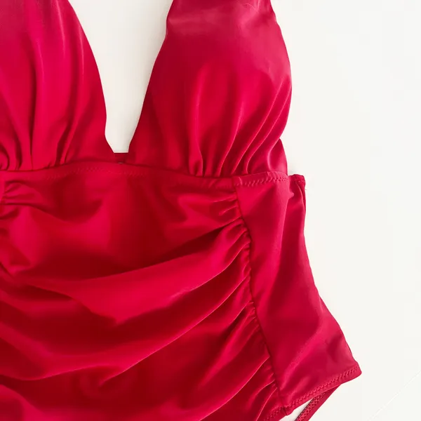 [Yolipuli] Red One Piece Convertible Swimsuit Bow Straps V-Neck Ruched Sz Large - Image 8