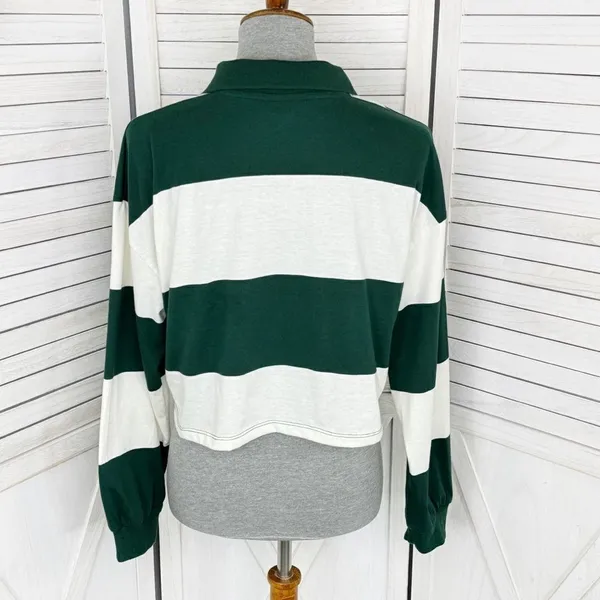 Disney Bambi Y2K Rugby Stripe‎ Cropped Polo Shirt Green White Small Long Sleeve - Image 4