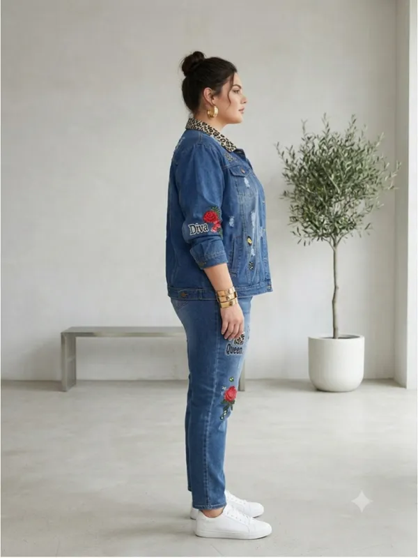 K Jordan 2pc Denim Set Plus Sz 3X Jacket 24W Jeans Leopard Rose Distressed Queen - Image 2