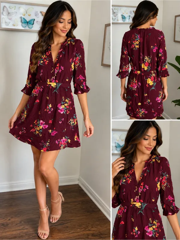 Old Navy Floral Burgundy Boho Dress Size M - Image 2