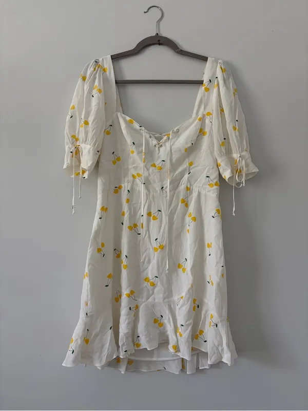For Love & Lemons Ashland Lace Up White Yellow Cherry Print Y2K Boho Mini Dress - Image 2