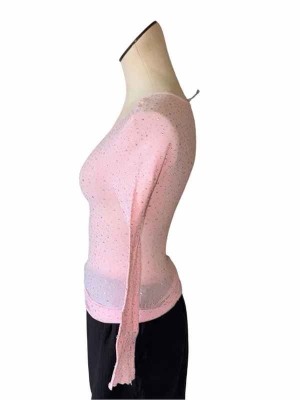 NWOT FREE PEOPLE Night Sky Long Sleeve Top Rhinestone Light Pink XS/S Bedazzled - Image 4