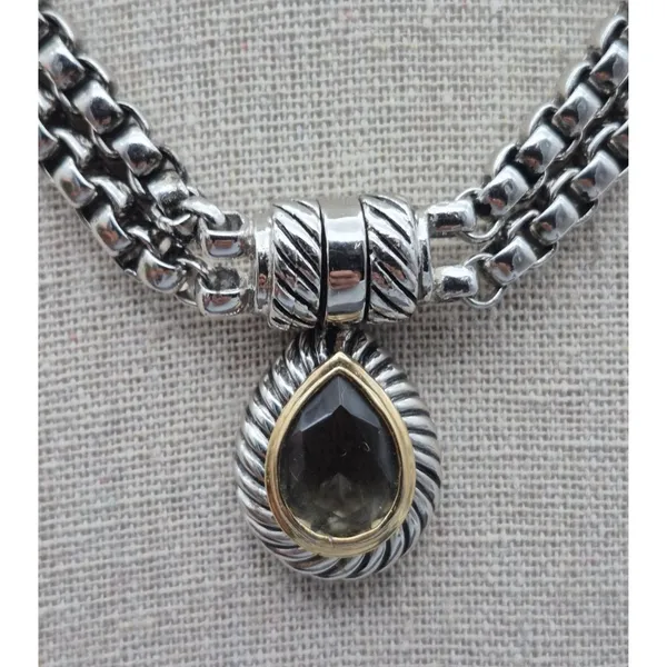 Choker Collar Pendant Necklace Silver Tone Double Box Chain Smokey Teardrop 16" - Image 6