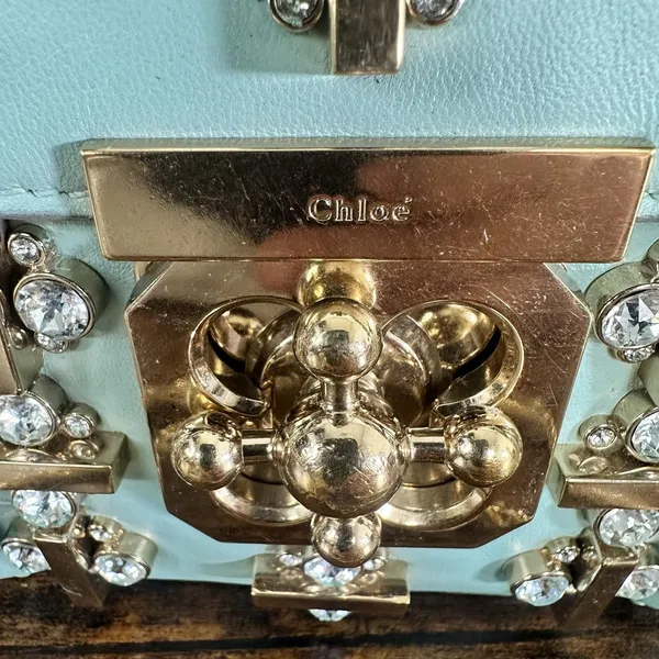 Chloé Elsie Shoulder Bag Small Turquoise Leather Chain Strap Rhinestone Gold - Image 10