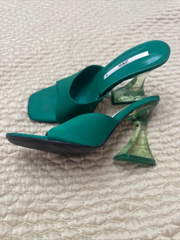 Zara Women’s Green Satin Strap Slides Square Front Chunky Block Acrylic Heel 39 - Image 5