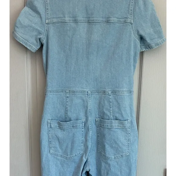 Avec Les Filles Light Wash‎ Denim Short Sleeve Button Front Utility Jumpsuit 26 - Image 13