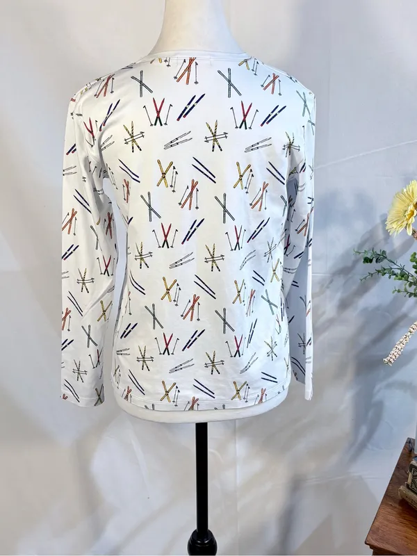 💥LAKE Pajamas Pima Cotton Long Sleeve Ski Print Pajama Top (ONLY) White Sz S💛 - Image 6