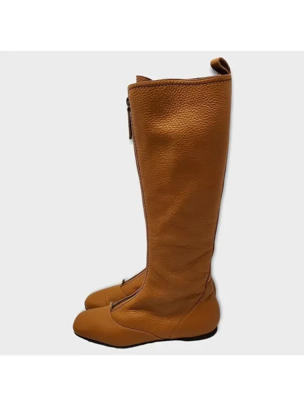 Vicini Tapeet Zipper Tall Leather Boot Front Zip Up Flat Riding Boots Sz 37.5 - Image 4