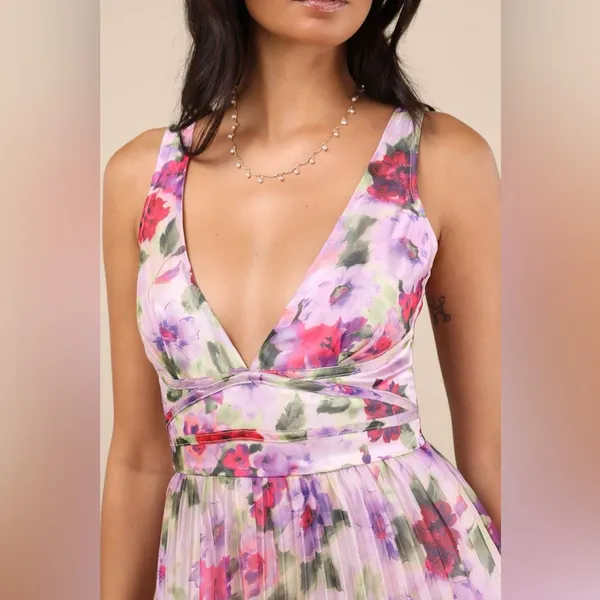 LULU’S Morgana Pink Multi Floral Satin Pleated Maxi Dress - Image 7