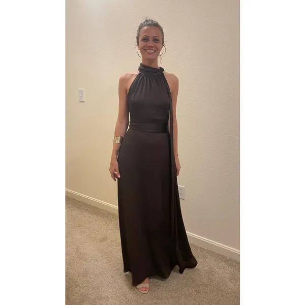 SACHIN & BABI Brown Sleeveless Tie Neck Banded Waist Kayla A-Line Gown Size 0 - Image 13