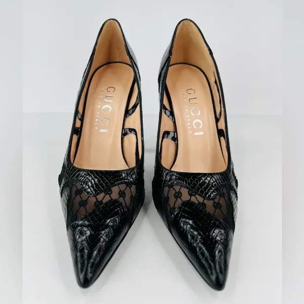 Gucci Python Embossed Leather & Mesh GG Rhombus Heel Pumps Size EU 39.5 - Image 5