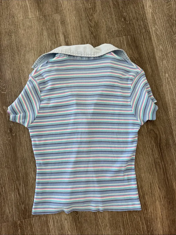 Vintage Y2K striped button front collared shirt sleeve top blue pink small - Image 11