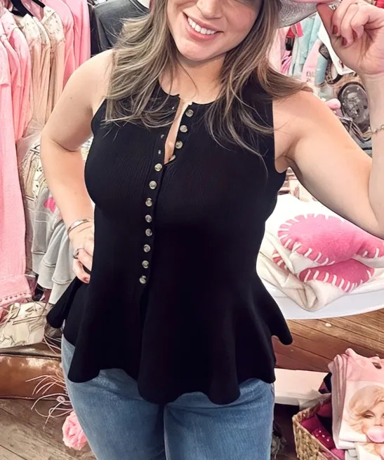 Sleeveless Peplum Top Black Sweater Button Detail size M - Image 11