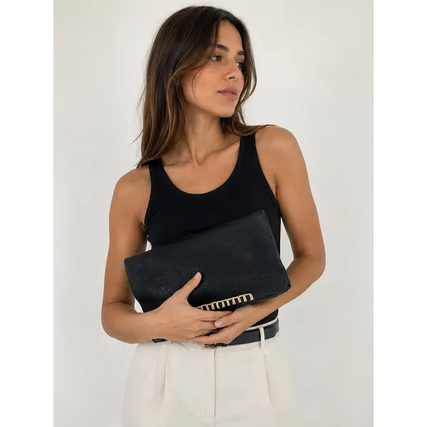 Anthropologie Black Leather Foldover‎ Clutch Bag - Image 3