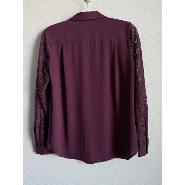 Ann Taylor LOFT Plum Burgundy Lace Sleeve Button Down Blouse Shirt Romantic Goth Witchy S - Image 9