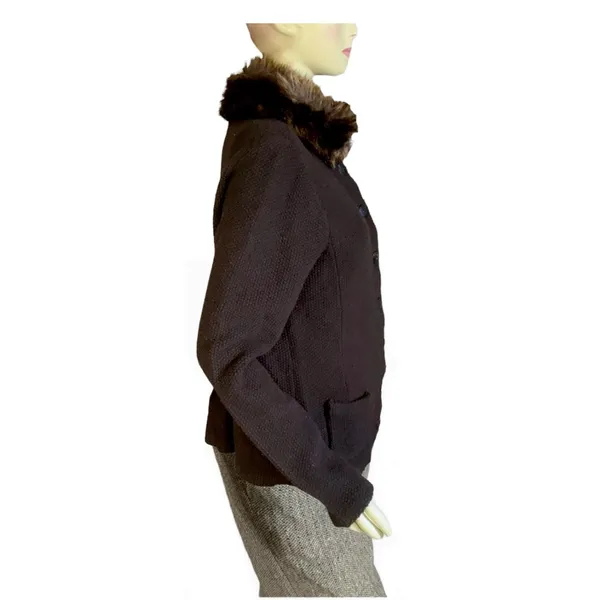Vtg Y2k Lauren Ralph Lauren Brown Lambswool W/Faux Fur Collar Cardigan (L) - Image 3