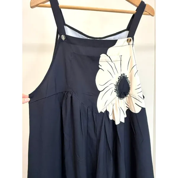 Oversized Minimalist Floral Overalls – Black with Cream Flowers SzXL (NWT) - Image 3