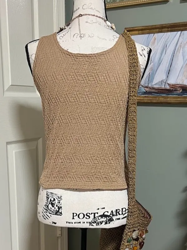 Vintage Aria SZ M Khaki Crinkle Tank Top Made in USA 90s Granola Fairy Grunge - Image 2