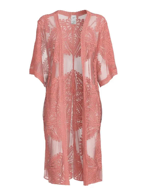 Time and Tru Dusty Rose Lace Kimono Cardigan Cover Up S/M Sheer Boho - Image 2