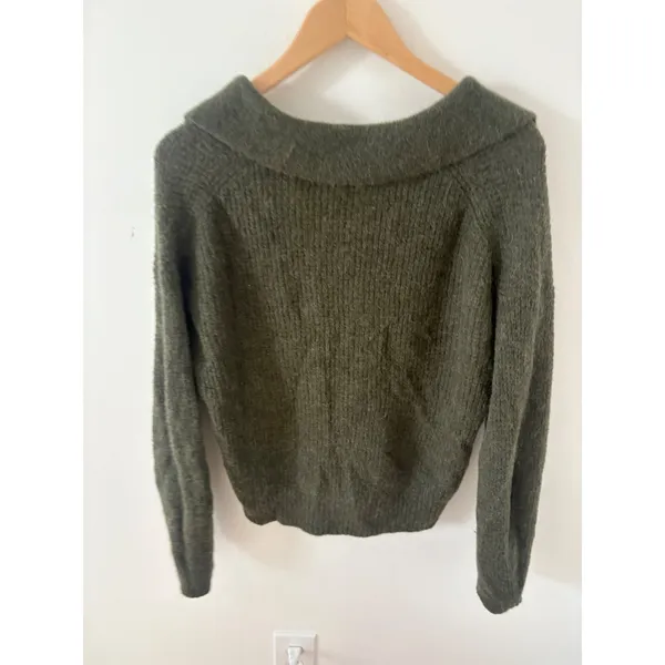 Everlane Alpaca Waffle-Stitch Polo Sweater Olive Green XS Relaxed V-Neck Knit - Image 5