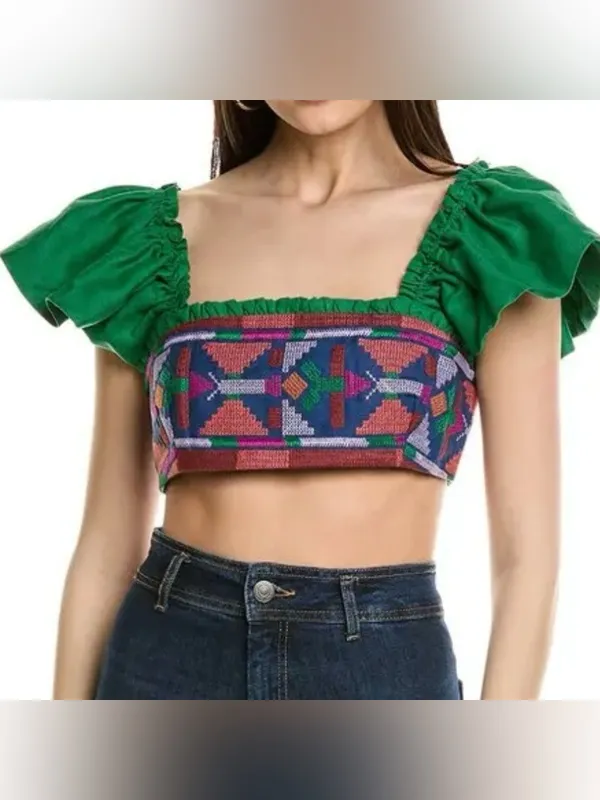 Nwt Farm Rio Embroidered Green Linen Boho Smocked Flutter Sleeve Crop Top Xl - Image 4