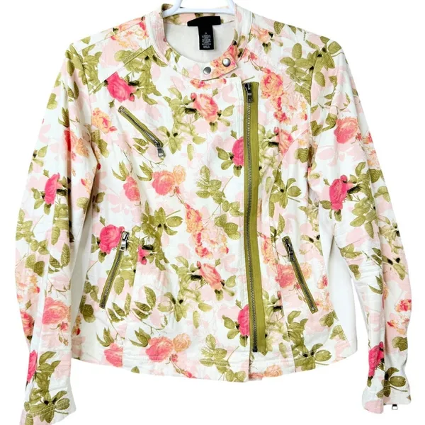 Lane Bryant Floral‎ Moto Jacket Asymmetrical Zip Up Pockets White Pink Size 16 - Image 2