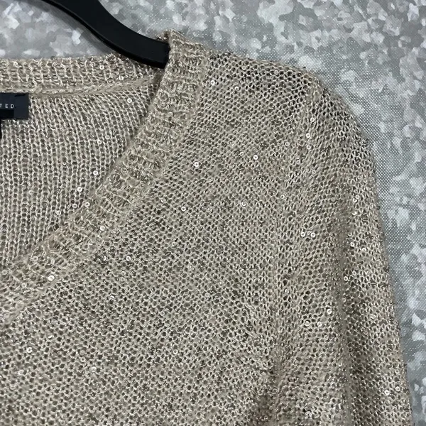 The Limited Beige Sequin Chiffon Hem Open Knit Sweater - Size Small - V-Neck - Image 2