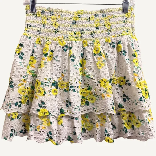 Alice + Olivia Bethie Mini Skirt in "Drifting By Floral" Smocked Tiered- Small - Image 2