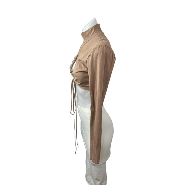 Isalis Womens Brown Tan Cutout Ruched Tie Keyhole Knot Mock Neck Crop Top Size M - Image 2