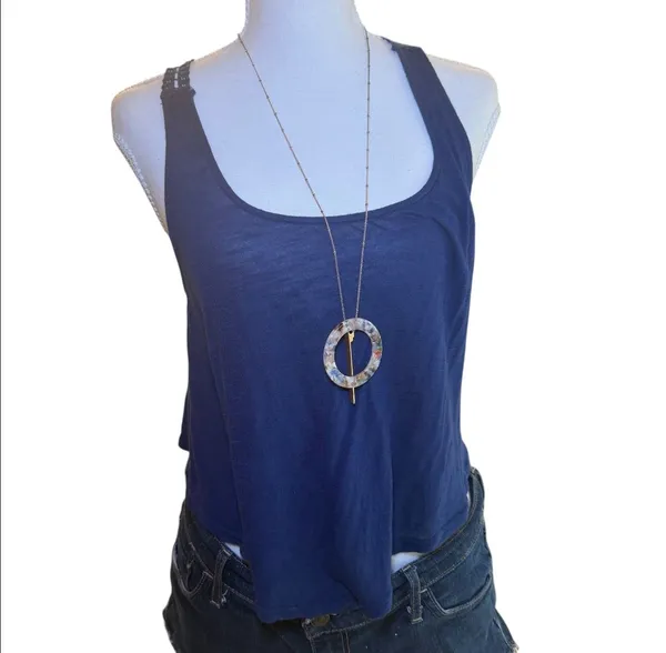 Blue Crochet Lace Back‎ Tank Top Womens Medium Boho Racerback Flowy Festival - Image 3