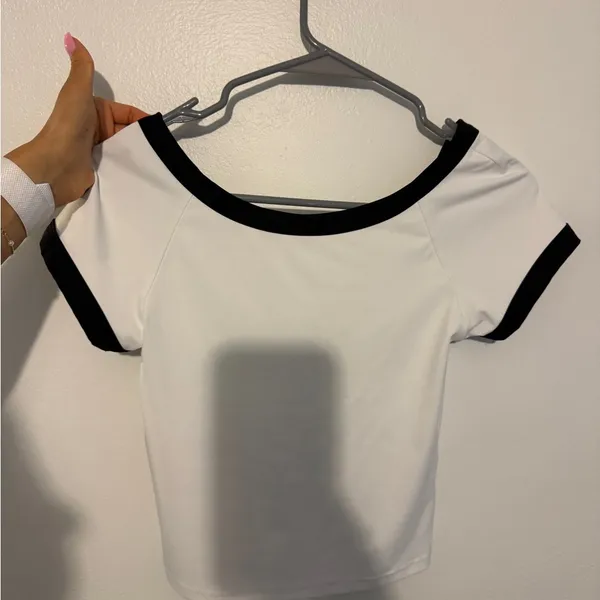 Women's White Crop Top with Black Trim - Modern Contrast Tee - Image 3