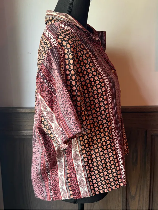 Rachel Zoe Short-Sleeve Linen Button-Down Shirt in Burgundy and Blush Pattern xl - Image 4