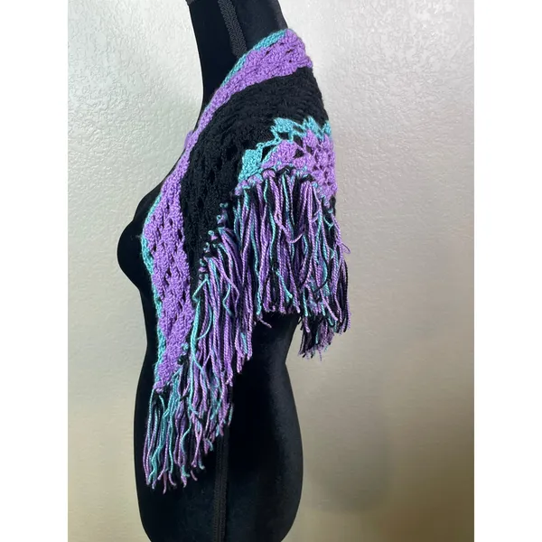 Womens Handmade OS Crochet Triangle Shawl Black Purple Aqua Fringe Boho Wrap - Image 2