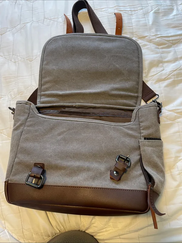 Greg Norman Collection Taupe and Brown Canvas Messenger Tote - Image 2