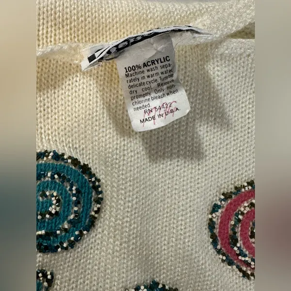 Vintage Kenneth Too‎ Ivory Aztec Pullover Sweater Turquoise Embellished Sz S/M - Image 10