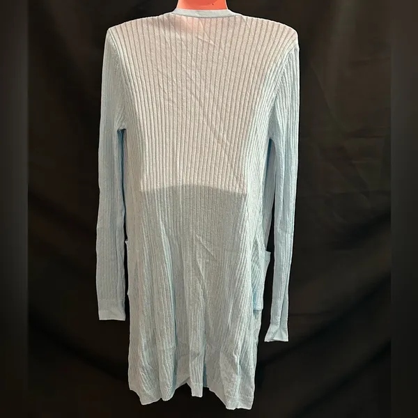 SHEIN Light Blue Ribbed Long Length Cardigan Pockets Lightweight - Image 2