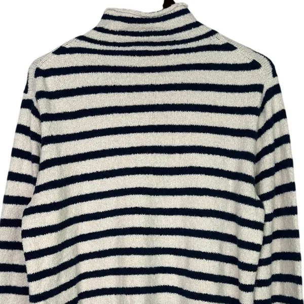 J. Crew Striped Knit Boucle Mock Neck Long Sleeve Sweater L Cream Navy Blue - Image 5