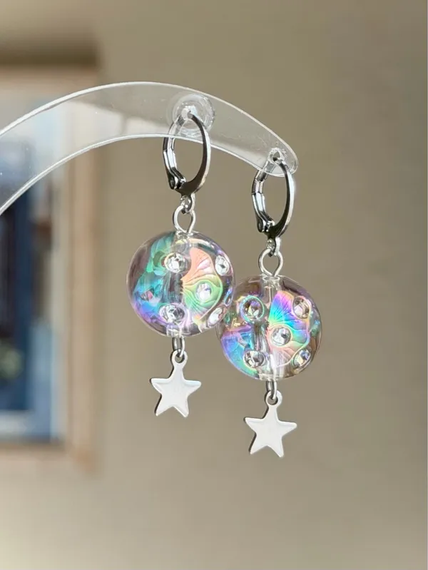 Handmade round beads & star y2k cute whimsical dangle earrings⭐️ - Image 2