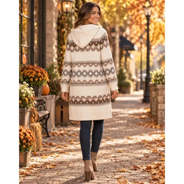 ABERCROMBIE & FITCH Fair Isle Hooded Long Cardigan Sweater Cream Fairisle XS - Image 7