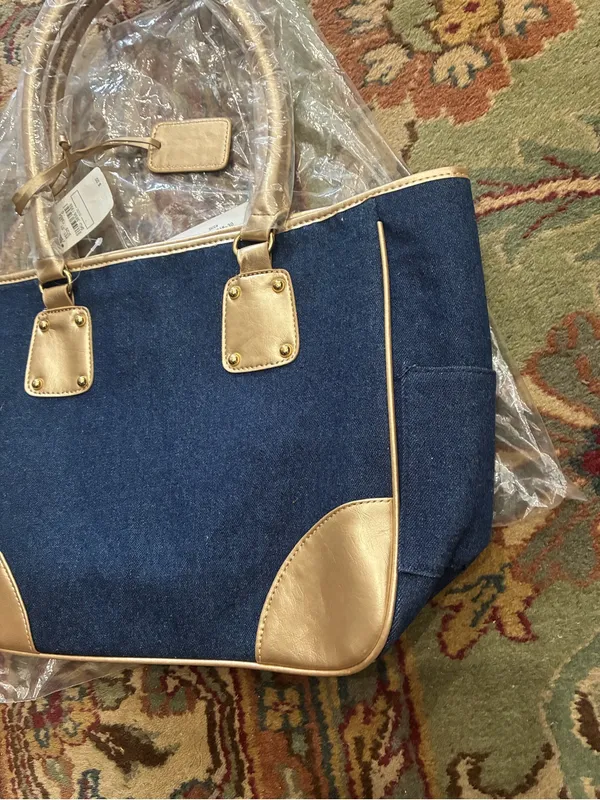 Neiman Marcus Denim Medium Tote Hand Bag Blue and Gold Women’s NWT - Image 5