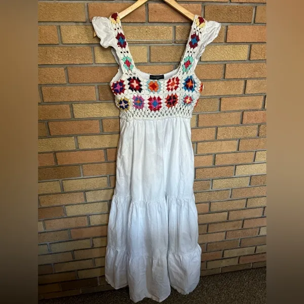 RTR Slate & Willow Crochet White Tiered Maxi Dress Size XS READ** - Image 2
