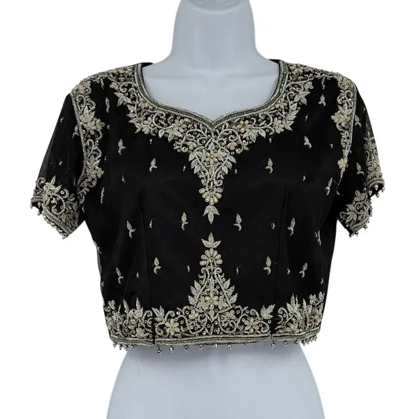 Embroidered Choli Beaded Blouse Top Sz Small Formal Wedding Festival Black Mesh - Image 2